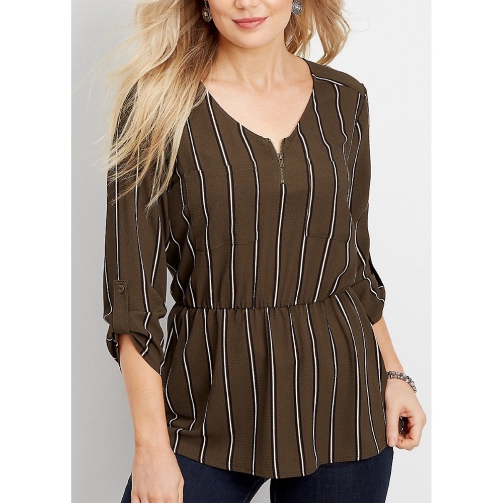 Maurice’s stripe elastic waist zip neck blouse